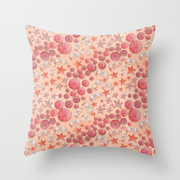 Beach Trip on Peach Fuzz with sea urchins , Starfish and Sand crabs Throw Pillow