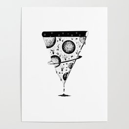 galaxy space pizza melting black and white illustration by shoosh Poster