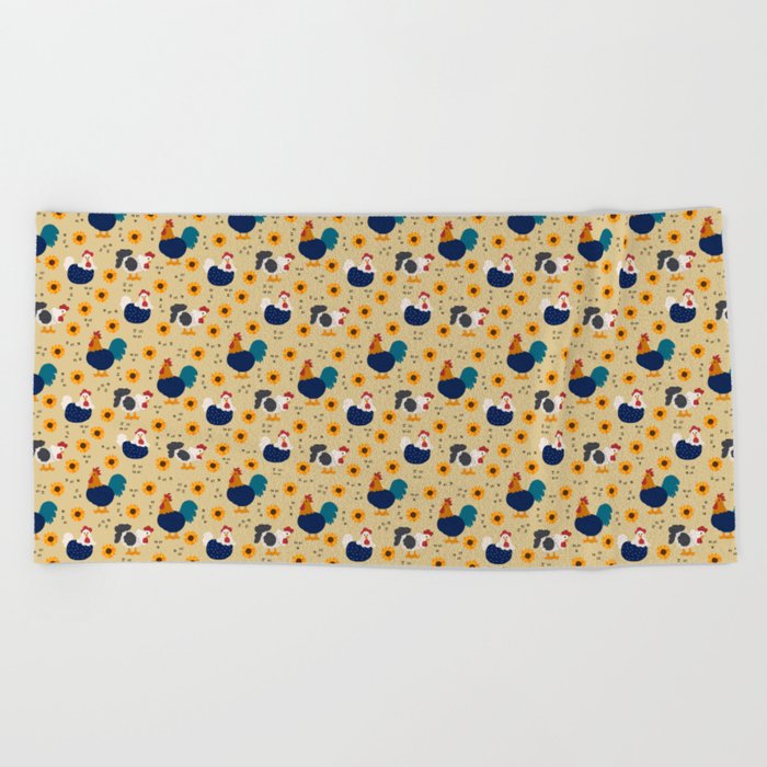 Chikens in the field Beach Towel