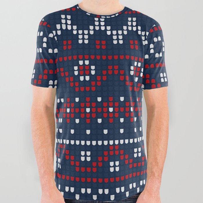 Christmas Pattern Knitted Stitch Dark Blue All Over Graphic Tee