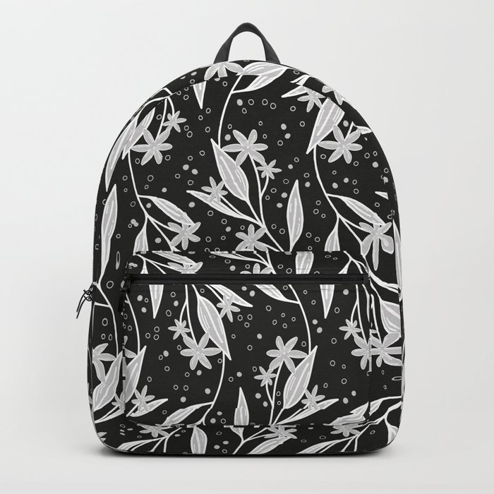 White and grey floral branches on black background Backpack
