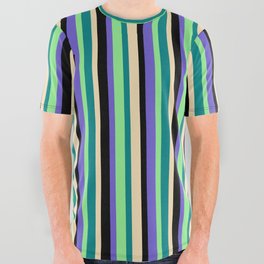 [ Thumbnail: Eye-catching Slate Blue, Black, Tan, Teal & Light Green Colored Stripes/Lines Pattern All Over Graphic Tee ]