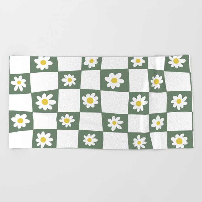 Hand Drawn Checkered Daisy Pattern (sage green/white/yellow) Beach Towel