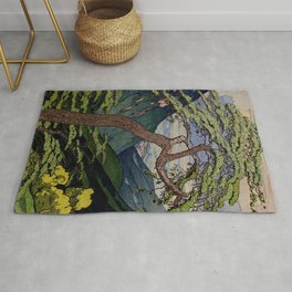 The Downwards Climbing - Summer Tree & Mountain Ukiyoe Nature Landscape in Green Rug | Vintage, Print, Summer, Nature, Green, Painting, Japanese, Digital, Tree, Yellow 