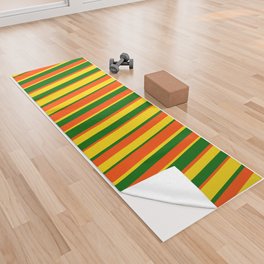 [ Thumbnail: Dark Green, Yellow, and Red Colored Stripes Pattern Yoga Towel ]