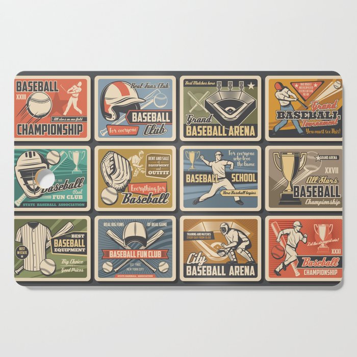 Baseball player and batter with bat, ball at arena. Baseball and softball sport tournament and equipment. Vintage retro sport posters, fan club and championship, cup match Cutting Board