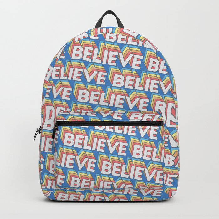 'Believe' Trendy Rainbow Text Pattern (Blue) Backpack