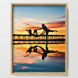Dancer on Beach Reflection Sunset Digital Oil Painting Serving Tray