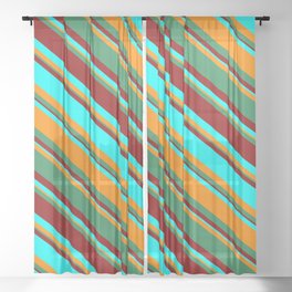 [ Thumbnail: Dark Orange, Sea Green, Dark Red, and Aqua Colored Stripes/Lines Pattern Sheer Curtain ]