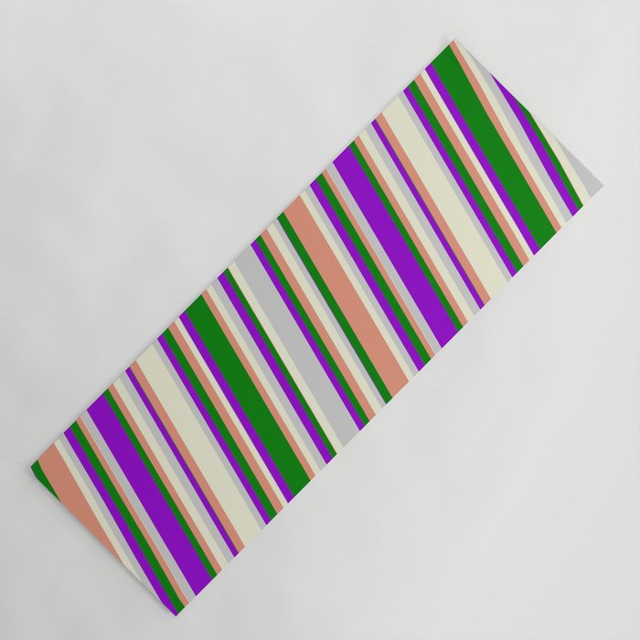 Vibrant Dark Violet, Green, Dark Salmon, Beige, and Light Gray Colored Stripes/Lines Pattern Yoga Mat