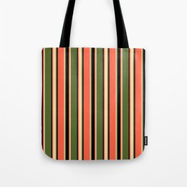 [ Thumbnail: Dark Olive Green, Tan, Red, and Black Colored Striped Pattern Tote Bag ]