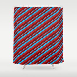[ Thumbnail: Deep Sky Blue, Red & Dark Red Colored Lines Pattern Shower Curtain ]