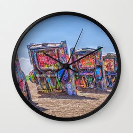 Cadillac Ranch Wall Clock | Nature, Ranch, Happiness, Rainbow, Digital, Landscape, Color, Artwork, Hdr, Colerful 