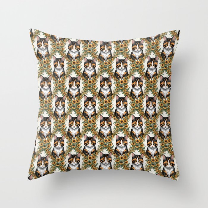 Maryland Calico Cat And Black Eyed Susan Flowers 4 Throw Pillow