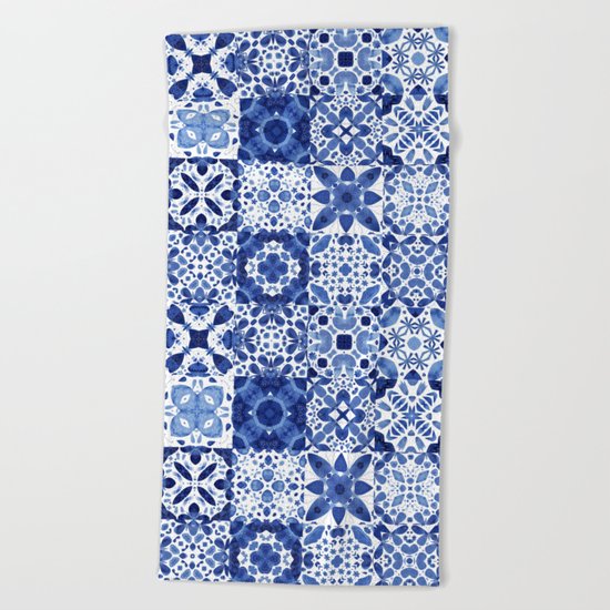 Indigo Watercolor Tiles Beach Towel
