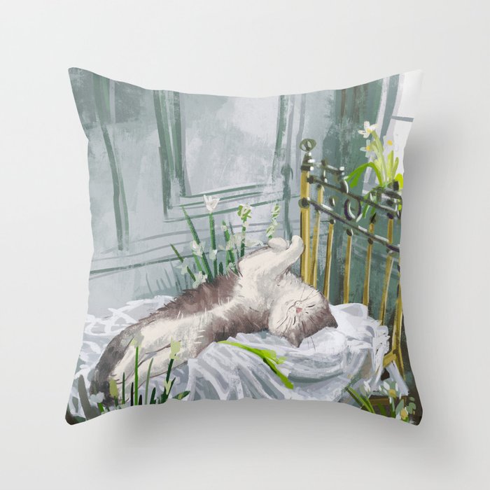 cat on bed Throw Pillow