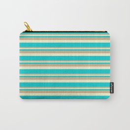 [ Thumbnail: Tan, Light Yellow, and Dark Turquoise Colored Lined Pattern Carry-All Pouch ]