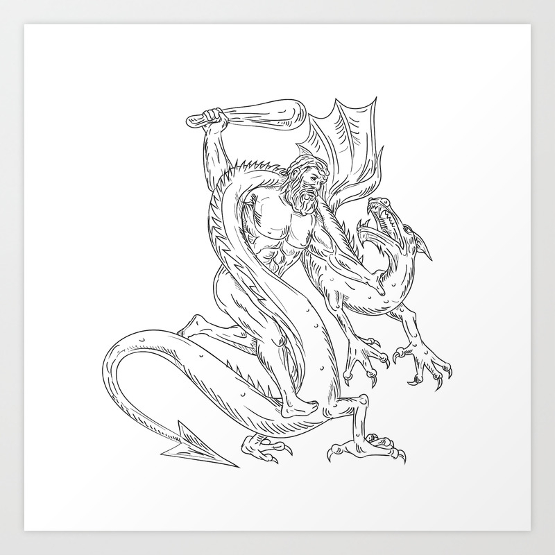 Hercules Grappling Dragon Drawing Black And White Art Print By Patrimonio Society6,Outline Line Drawing Guitar Clipart