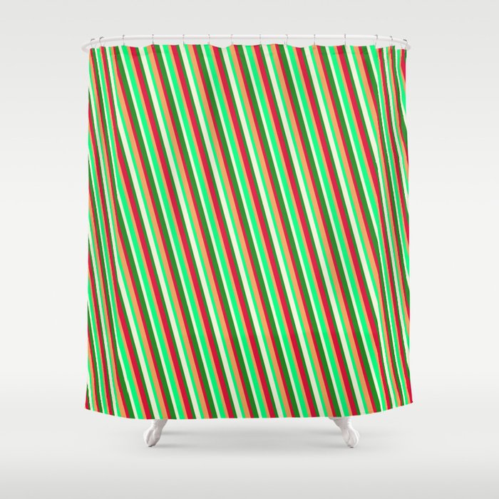 Brown, Green, Beige, Forest Green & Crimson Colored Lined Pattern Shower Curtain