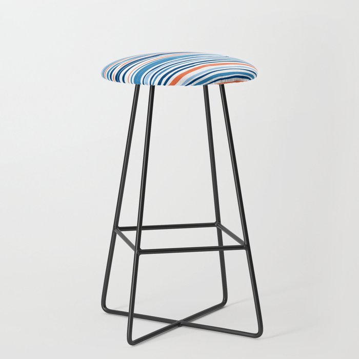 Modern Abstract Ocean Wave Stripes in Classic Blues and Orange Bar Stool