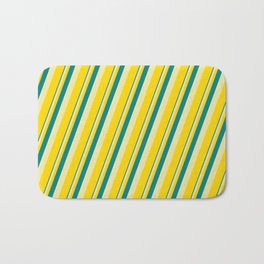 [ Thumbnail: Teal, Pale Goldenrod & Yellow Colored Lines Pattern Bath Mat ]
