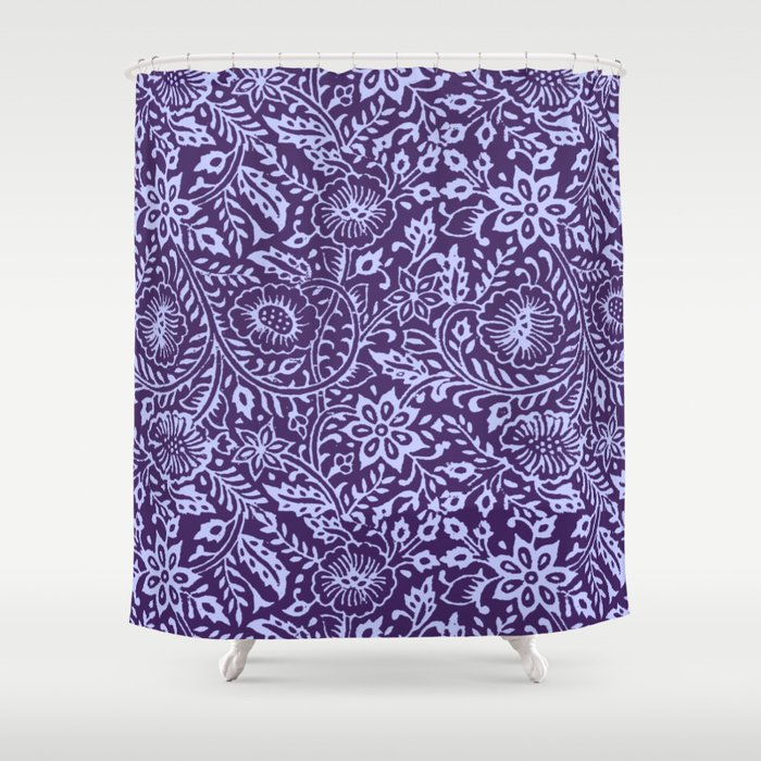 Woodblock print repeating pattern in blue Shower Curtain