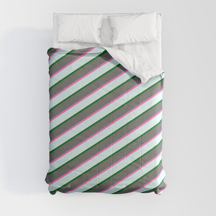 Dim Gray, Hot Pink, Light Cyan & Dark Green Colored Lined Pattern Comforter
