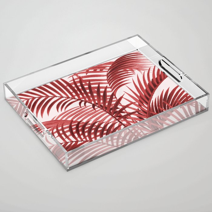 Tropical Red Palm Leaves Acrylic Tray