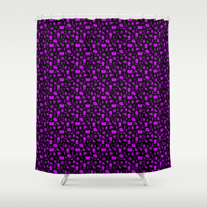 Small Bright Dayglo Purple Halloween Motifs Skulls, Spells & Cats on Spooky Black  Shower Curtain