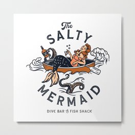 The Salty Mermaid Dive Bar & Fish Shack - Retro Pinup Mermaid Travel Art Metal Print | Pinup, Maine, Fishshack, Drinking, Salty, Graphicdesign, Whiskey, Newengland, Retro, Funny 
