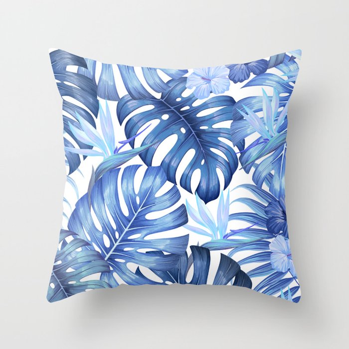 Blue tropical pattern  (monstera leaves and bird of paradise flowers Throw Pillow