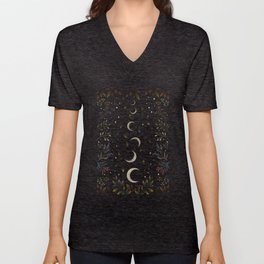 Crescent Moon Garden V Neck T Shirt | Bohemian, Crescentmoon, Nature, Midnight, Autumnleaves, Wicca, Curated, Olivegreen, Moon, Fallingleaves 