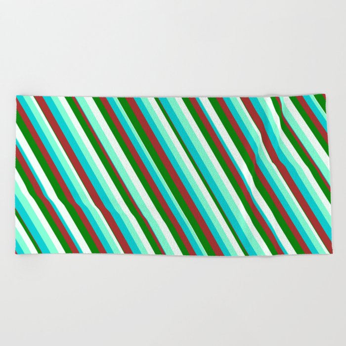 Eyecatching Aquamarine, Dark Turquoise, Brown, Green, and Mint Cream Colored Pattern of Stripes Beach Towel