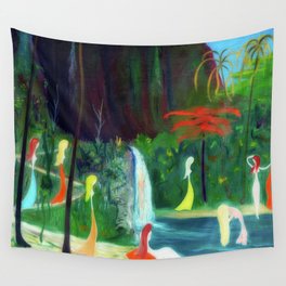 Wahine in Wailele, Hawaii Women Bathing at Waterfall by Marguerite Blasingame Wall Tapestry