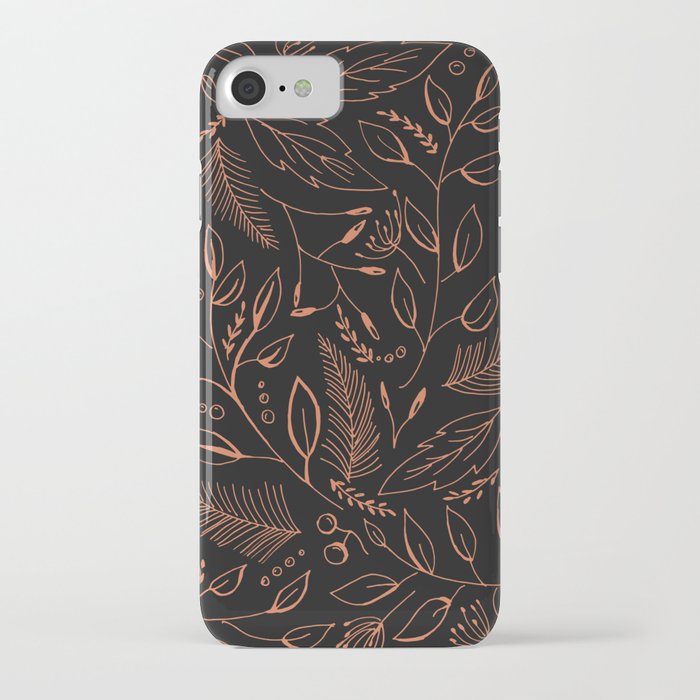 Holiday Pattern in black background and rose leaves iPhone Case