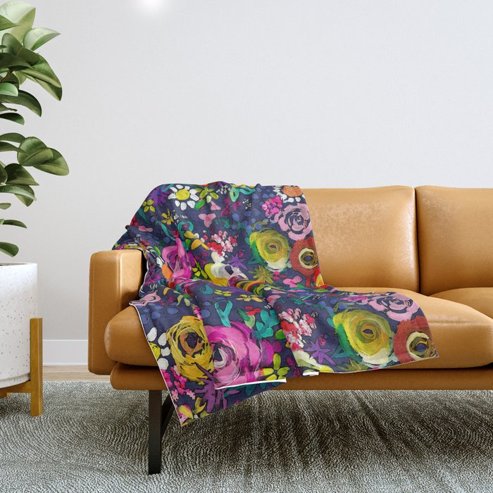 Les Fleurs Colorful Painted Floral in Navy Throw Blanket