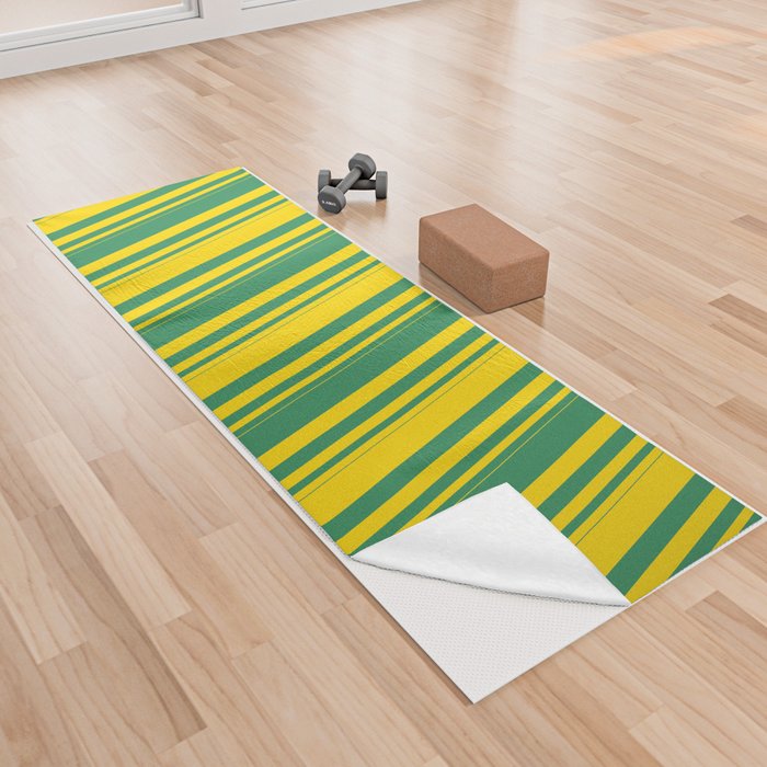 Yellow and Sea Green Colored Striped Pattern Yoga Towel