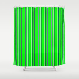 [ Thumbnail: Lime, Beige & Blue Colored Striped Pattern Shower Curtain ]