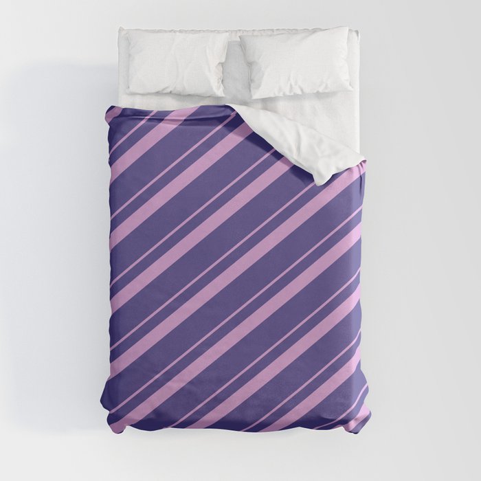 Plum and Dark Slate Blue Colored Pattern of Stripes Duvet Cover