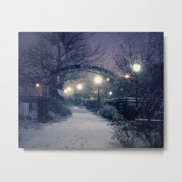Winter Garden in the Snow Metal Print | January, Digital, Purplesky, Snow, Winter, Evening, Landscape, Streetlamps, White, Dusk 