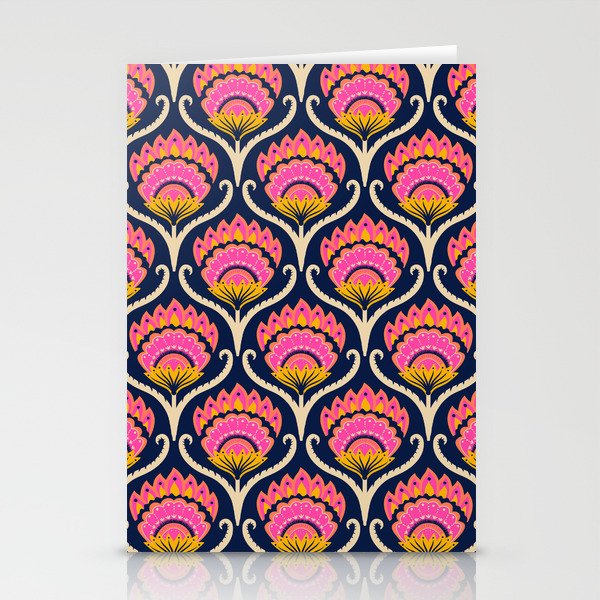 Bright ethnic ogee flame floral  - Hot pink, marigold and papaya orange on midnight blue Stationery Cards