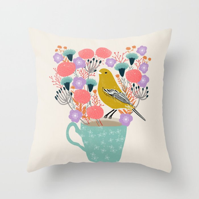 Bird and Flowers - Warbler by Andrea Lauren Throw Pillow