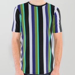 [ Thumbnail: Eye-catching Turquoise, Green, Midnight Blue, Lavender, and Black Colored Striped Pattern All Over Graphic Tee ]