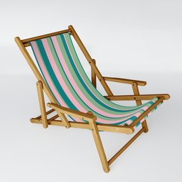 [ Thumbnail: Dark Sea Green, Pink & Teal Colored Lined/Striped Pattern Sling Chair ]