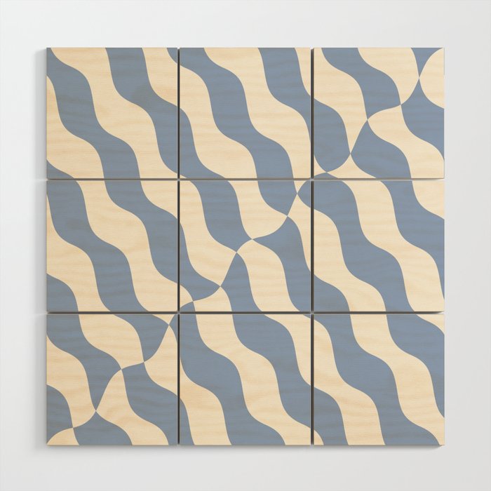 Retro Wavy Abstract Swirl Lines in Blue & White Wood Wall Art