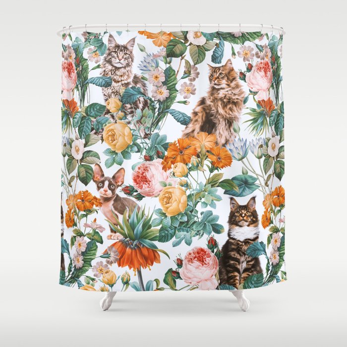 Cat and Floral Pattern III Shower Curtain | Painting, Animals, Nature, Pattern, Vintage, Flowers, Cat, Cats, Animal, Cute