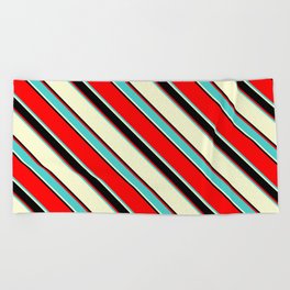 [ Thumbnail: Red, Turquoise, Light Yellow & Black Colored Lined/Striped Pattern Beach Towel ]