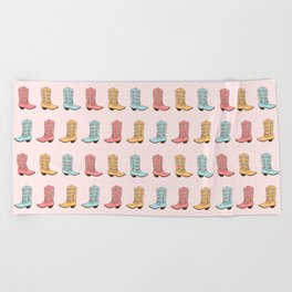 Cowgirl Boots and Daisies, Blush Pink, Mint, Cute Pastel Cowboy Pattern Beach Towel