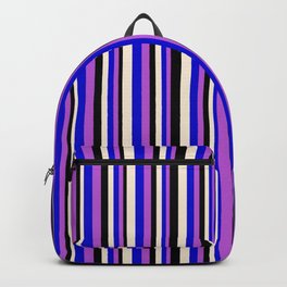 [ Thumbnail: Orchid, Blue, Beige & Black Colored Lines Pattern Backpack ]