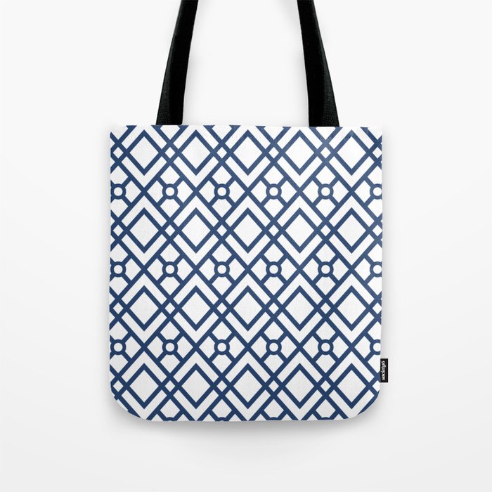 Modern Geometric Diamonds and Circles Pattern Navy Blue and White Tote Bag